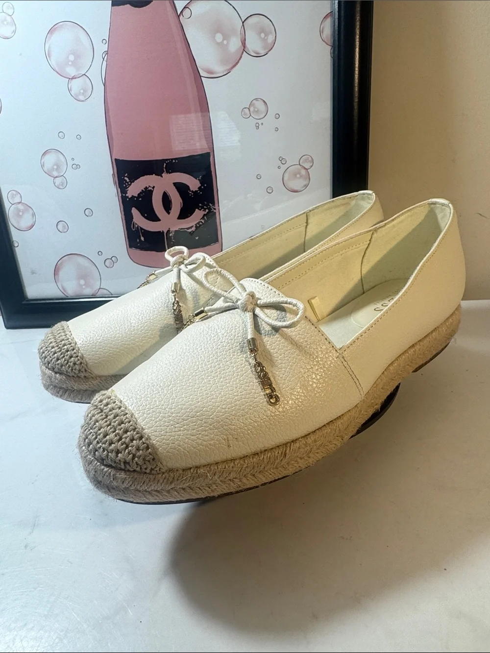 Guess Cream Leather Espadrille Loafers with Gold Guess Charm - Women’s Size 9.5M